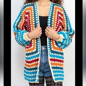 Fiesta Colorful Crocheted Granny Square Open Front Sweater Cardigan. M/L.‎ NWT.